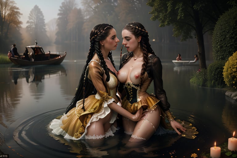 wet clothes, wet hair, beautifull faces: Delicate erotic games on the Lake: Hans Zatzka's, inspired by rococo paintings, masterpiece depicts two long-wet-haired, braided beauties, mid-20s, swimming in a serene lake foreground. Their (((hair is dripping wet))) so beautiful, while the soaking wet locks cascade down their necks as one girl adorns another with a floral wreath. The duo wears lavish, transparent dresses in dark red, light blue, golden yellow, white, and black hues, showcasing luscious skin and nipples. A distant boat floats, occupied by a third figure, against a romantic park backdrop shrouded in mystical mist, evoking an erotic yet tasteful ambiance. The girls cuddle with each other. One of the two girls has put her hand in her pussy and appears to be ((masturbating)). The girls' beautiful faces are characterized by sexual excitement.r tits an nipples are shimmering through