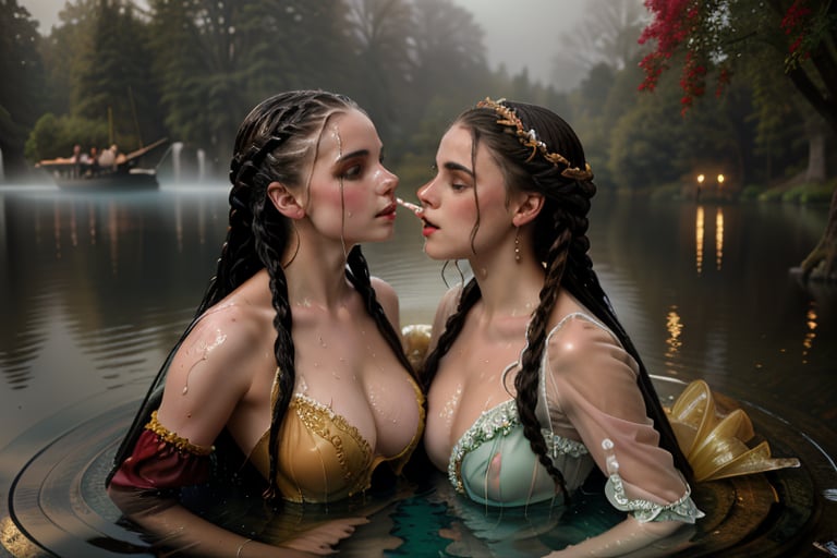 ((masturbating girls)),wet, wet clothes, partially submerged. Delicate erotic games on the Lake: Hans Zatzka's, inspired by rococo paintings, masterpiece depicts two long-wet-haired, braided beauties, mid-20s, swimming in a serene lake foreground. Their (((hair is dripping wet))) so beautiful, while the soaking wet locks cascade down their necks as one girl adorns another with a floral wreath. The duo wears lavish, transparent dresses in dark red, light blue, golden yellow, white, and black hues, showcasing luscious skin and nipples. A distant boat floats, occupied by a third figure, against a romantic park backdrop shrouded in mystical mist, evoking an erotic yet tasteful ambiance. The girls cuddle with each other. One of the two girls has put her hand in her pussy and appears to be ((masturbating)). The girls' beautiful faces are characterized by sexual excitement.r tits an nipples are shimmering through