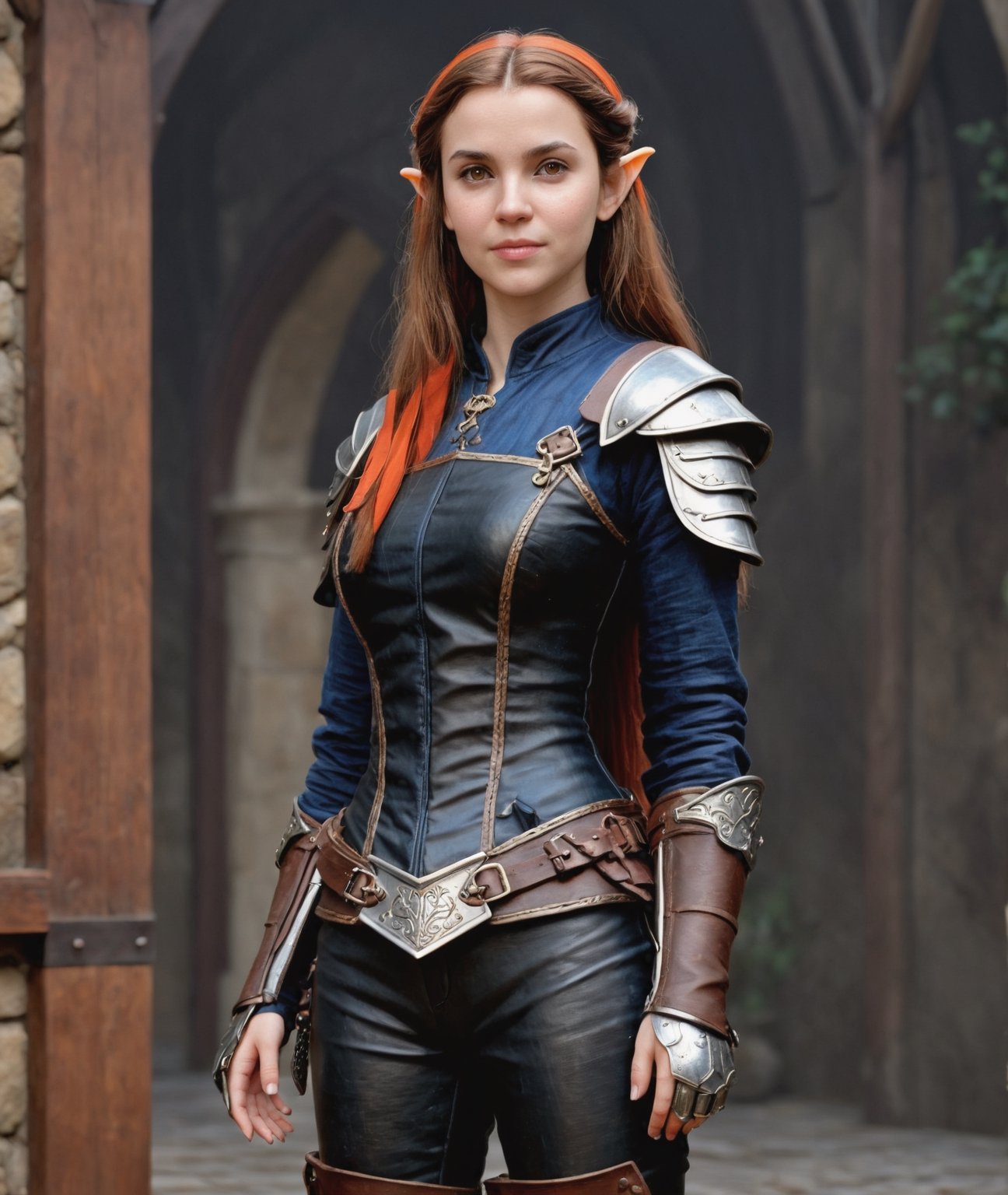 (((one person))), (((correct_anatomy))), (((correct_proportions))), D&D 3.5, elf, female, young, brown_hair, brown_eyes, wirey, 168cm, medieval_clothing, heavy_leather_armour, linen_pants, (((friendly_face, calm_face))), hyperrealistic_face, (((full_body_shot))), correct_head-size, long_leather_boots,photorealistic_face, Extremely Realistic,photorealistic, ,perfect,AIDA_LoRA_valenss,SD 1.5,photo r3al,Extremely Realistic