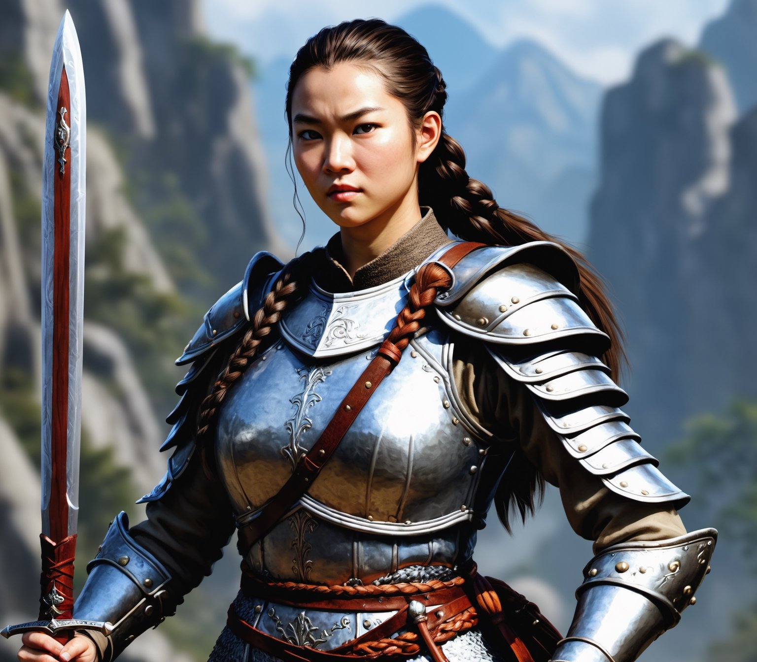 d&d 3.5 female fighter, asian ethnicity, scale mail armour, greatsword, no helmet, braided hair, photorealistic