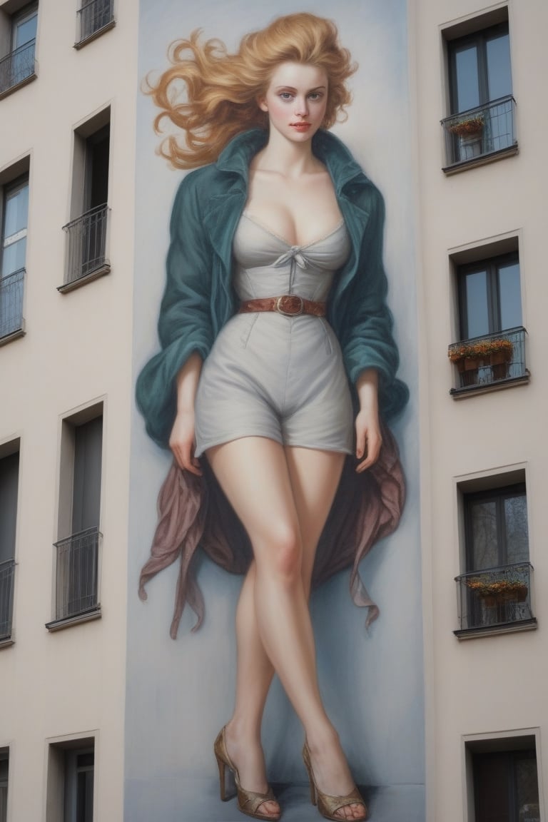 muralpaiting Peter_Paul_Rubens style of a female, nice_shoes, on the side of a high apartment building, today's world, photo_realistic.