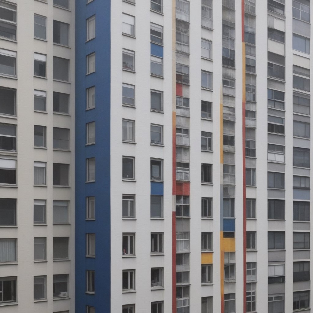 muralpaiting Mondriaan style of a nice shoes on the side of a high apartment building, today's world, photo_realistic.