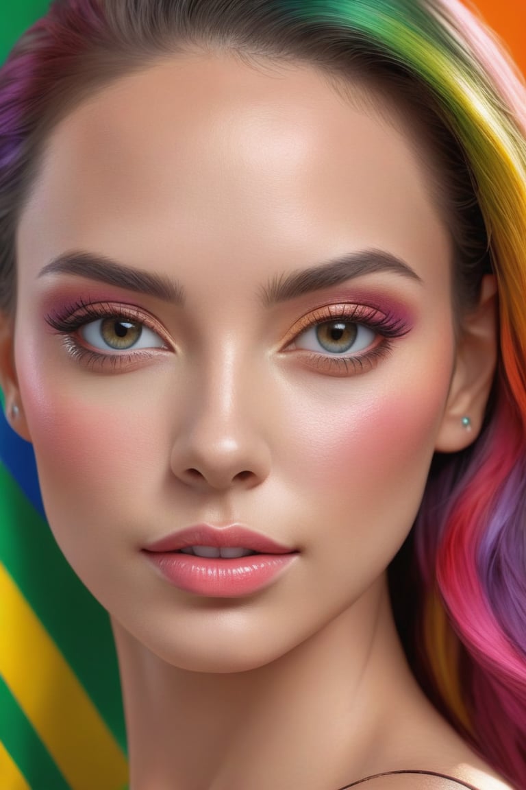 PHOTO REALISTIC, portrait, Brazilian, bright picture, female , 27 years old, multi- beautiful makeup , seductive face , score_9 , score_8_up , score_7_up , score_6_up , score_5_up , score_4_up , UHD , 8K , masterpiece , Ultra detailed photo , photo real , realistic high detailed body, anatomic correct, ultra_high_resolution , lots of detail , natural_skin , Extremely Realistic female, hands out of view, multi-color hair, multi-color background.