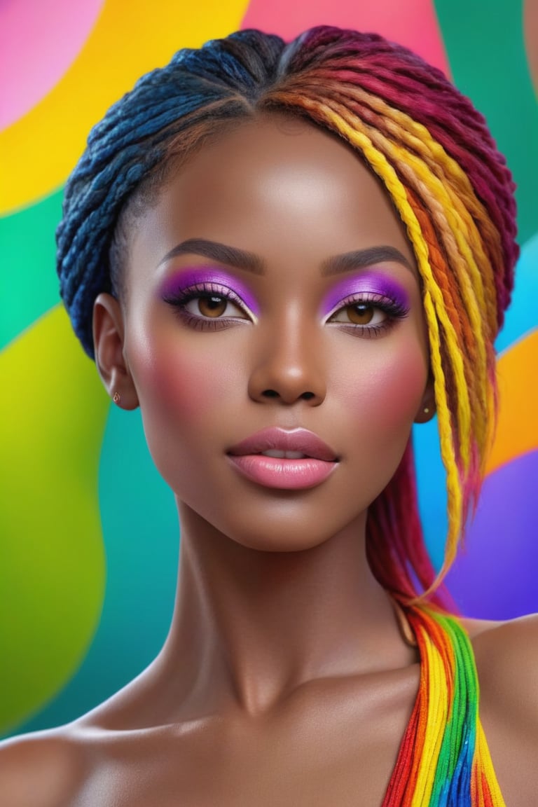 PHOTO REALISTIC, portrait, African, bright picture, female , 27 years old, multi- beautiful makeup , seductive face , score_9 , score_8_up , score_7_up , score_6_up , score_5_up , score_4_up , UHD , 8K , masterpiece , Ultra detailed photo , photo real , realistic high detailed body, anatomic correct, ultra_high_resolution , lots of detail , natural_skin , Extremely Realistic female, hands out of view, multi-color hair, multi-color background.