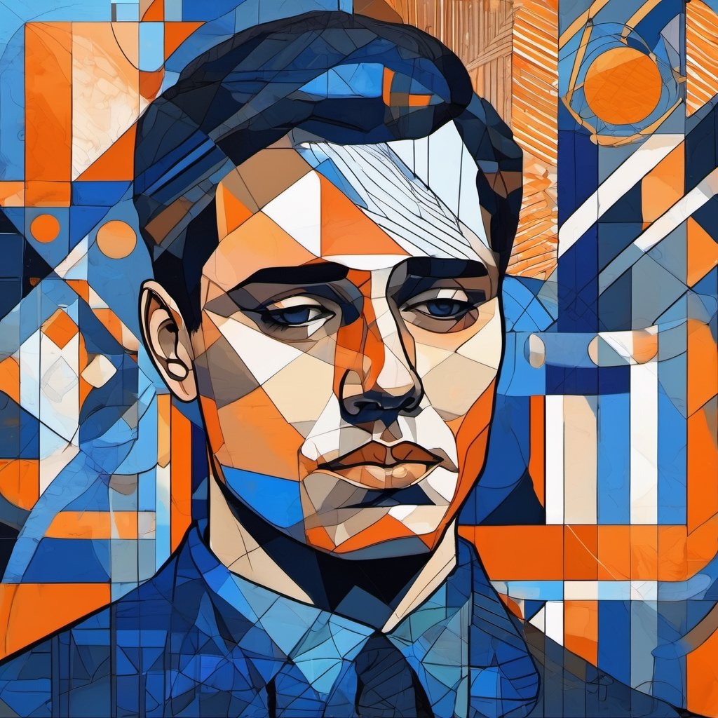 Abstract digital painting of a sad brunette man, no beard, her face is surrounded by diagonal cross hatching patterns of geometric objects, circles, square, and other intricate patterns and lines, blue orange palette