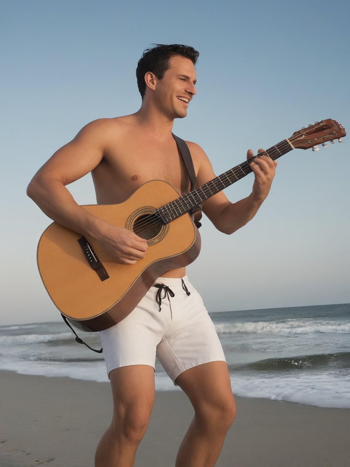 a man ((walking)) to the beach, happy, (((full body))), (front view:1.4), BREAK

35 years old, European Caucasian, shaved, short black hair, white swimsuit, (shirtless), bare chest, walking, ((plays an acoustic guitar)), 
instrument, music, guitar, playing an instrument, holding an instrument, BREAK

realistic style, photorealistic, fashion photography, highly detailed, masterpiece, best quality, spectacular lighting, Aesthetic_Guitar,Music,Concept 