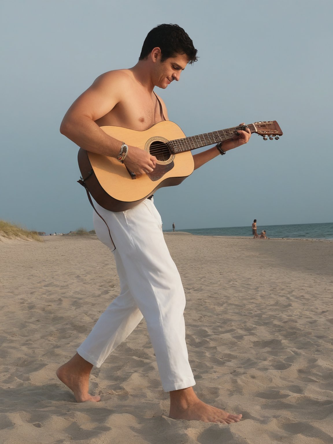 a man ((walking)) to the beach, happy, (((full body))), (front view:1.4), BREAK

35 years old, European Caucasian, shaved, short black hair, white swimsuit, (shirtless), bare chest, walking, ((plays an acoustic guitar)), 
instrument, music, guitar, playing an instrument, holding an instrument, BREAK

realistic style, photorealistic, fashion photography, highly detailed, masterpiece, best quality, spectacular lighting, Aesthetic_Guitar,Music,Concept 