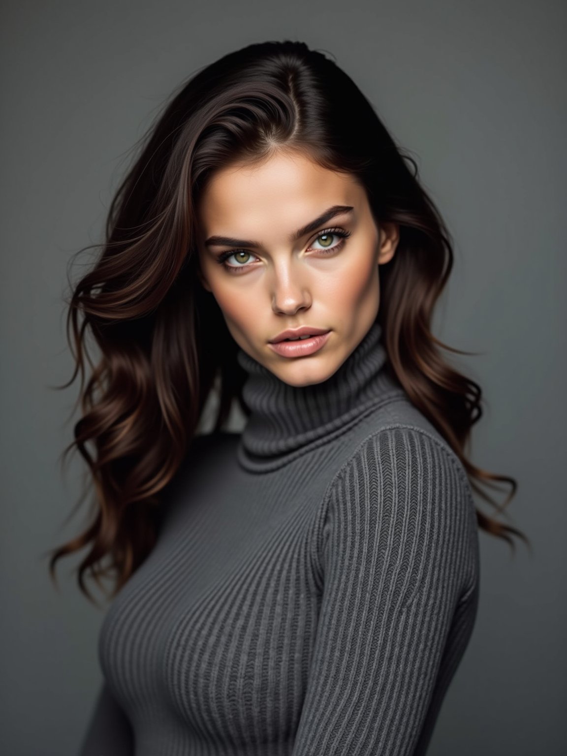 A young woman with striking features and dark brown hair that cascades down her back looks directly into the camera lens. Her piercing green eyes sparkle as she tilts her head slightly to the side, showing off her luscious lips. She is wearing a fitted grey turtleneck sweater that accentuates her toned upper body, set against a subtle grey background that complements her natural beauty.