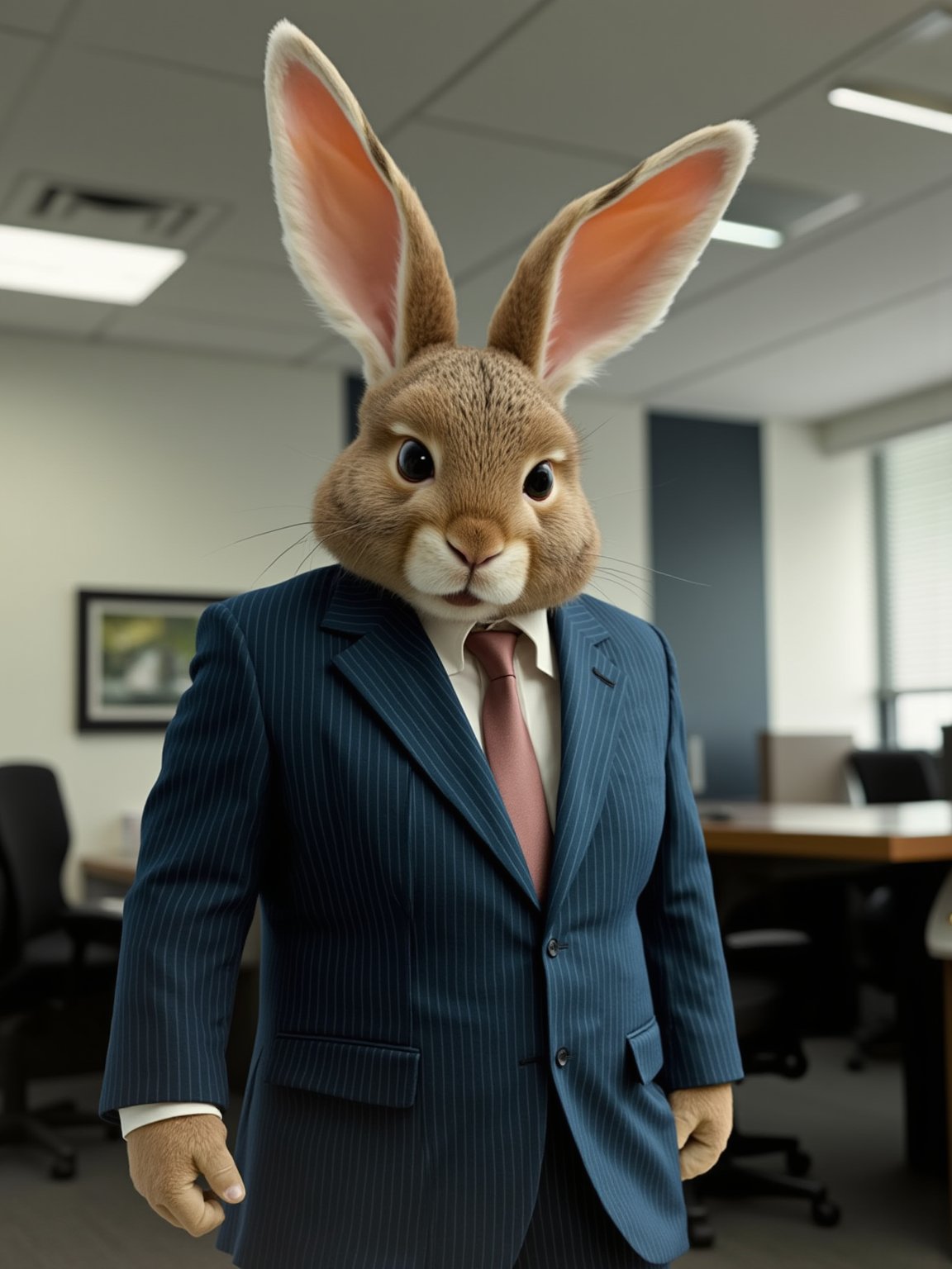 Dynamic scene of an anthropomorphic rabbit in an elegant business suit. He is standing in the office. The background is an empty office, which increases the absurdity of the situation.