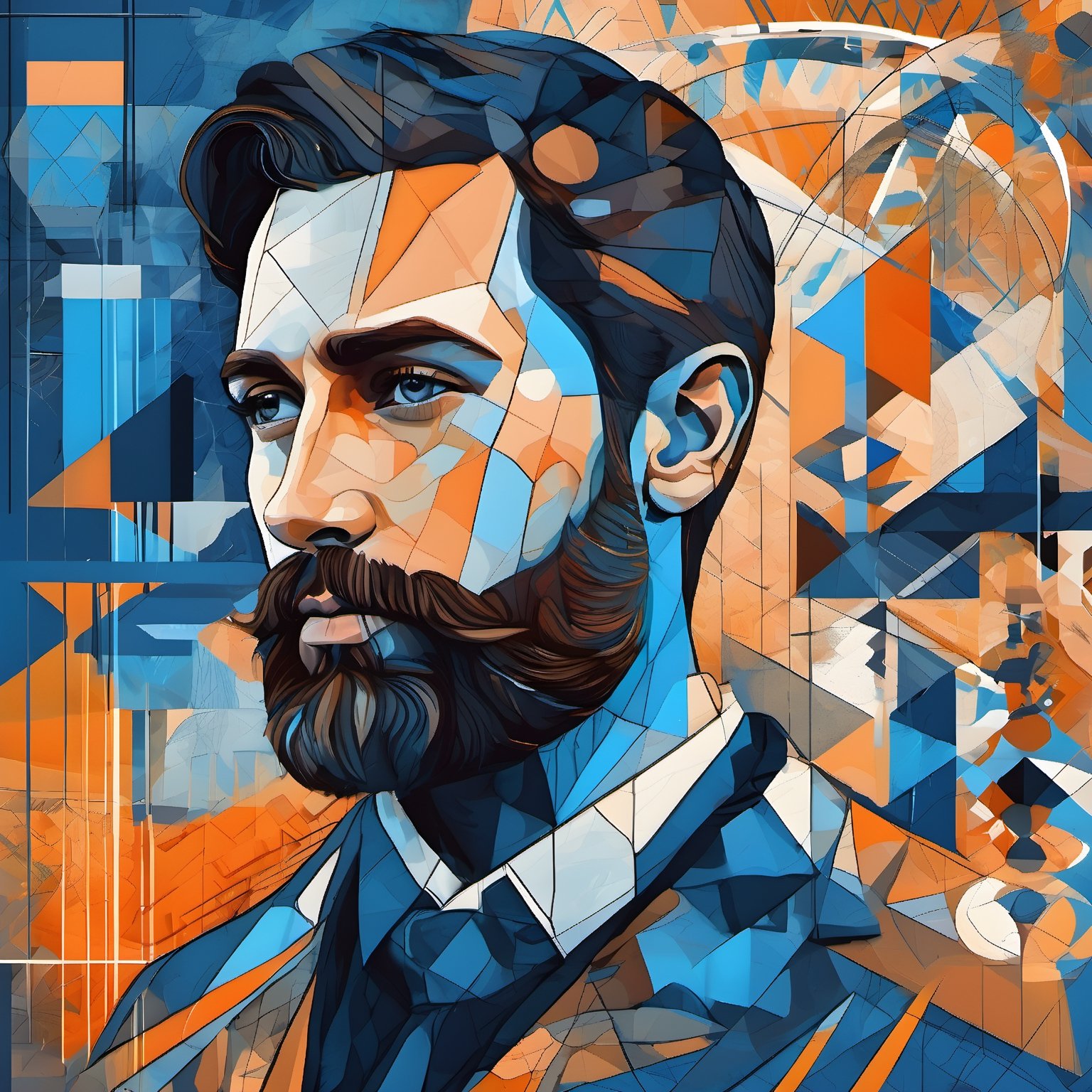 Abstract digital painting of a sad brunette man whitout beard, her face is surrounded by diagonal cross hatching patterns of geometric objects, circles, square, and other intricate patterns and lines, blue orange palette