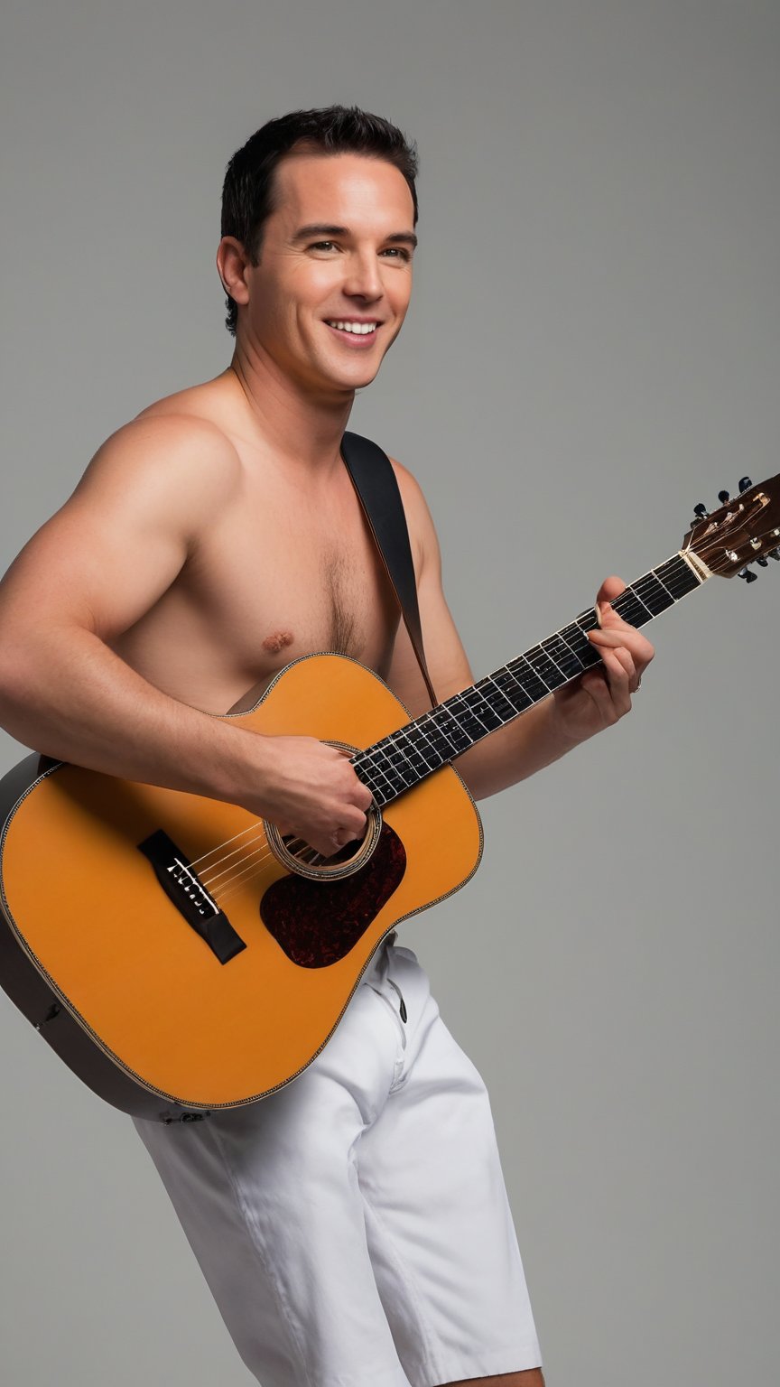 a man ((walking)), happy, image of (((full body))), in a photo studio, gray background, (front view:1.4), BREAK

35 years old, European Caucasian, shaved, short black hair, white swimsuit, (no shirt), walks while ((plays an acoustic guitar)), 
instrument, music, guitar, playing an instrument, holding an instrument, BREAK

realistic style, photorealistic, fashion photography, highly detailed, masterpiece, best quality, spectacular lighting, aesthetic_guitar

