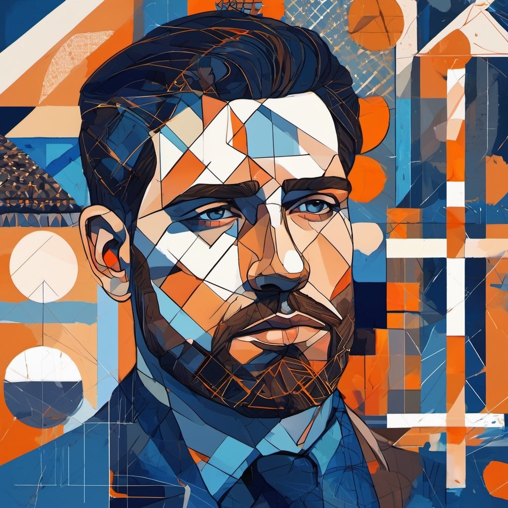 Abstract digital painting of a sad brunette man, no beard, her face is surrounded by diagonal cross hatching patterns of geometric objects, circles, square, and other intricate patterns and lines, blue orange palette