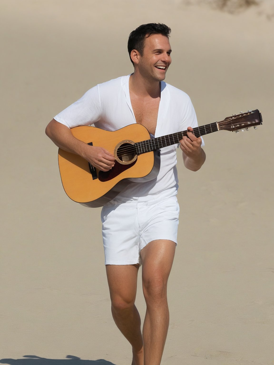 a man ((walking)) to the beach, happy, (((full body))), (front view:1.4), BREAK

35 years old, European Caucasian, shaved, short black hair, white swimsuit, (shirtless), bare chest, walking, ((plays an acoustic guitar)), 
instrument, music, guitar, playing an instrument, holding an instrument, BREAK

realistic style, photorealistic, fashion photography, highly detailed, masterpiece, best quality, spectacular lighting, Aesthetic_Guitar,Music,Concept 