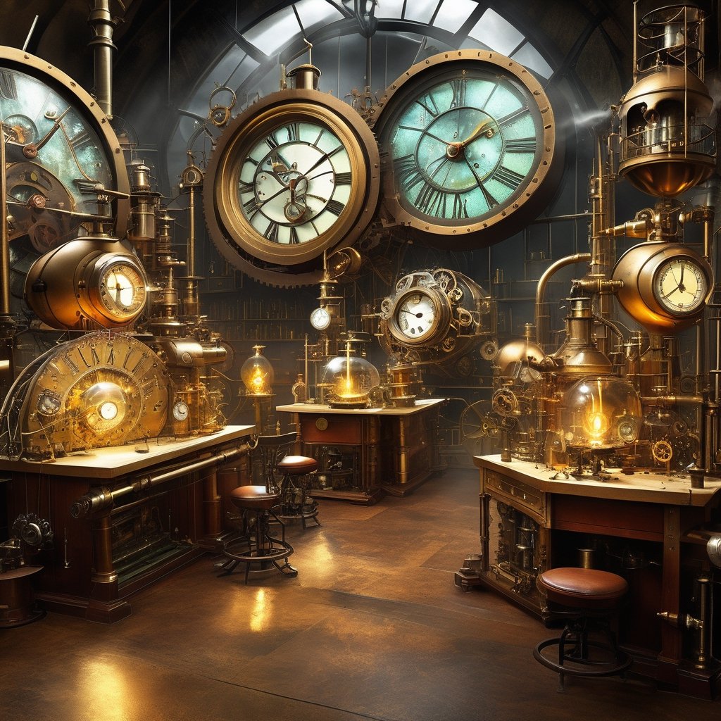 A fantastic steampunk laboratory, where science and invention collide. Before you lies a workshop filled with gleaming brass contraptions and creaking gadgets, each more elaborate than the last. Mad scientists conducting experiments with giant mechanical clocks, amidst the crackle of electricity and the hiss of steam, in search of discovery and innovation.