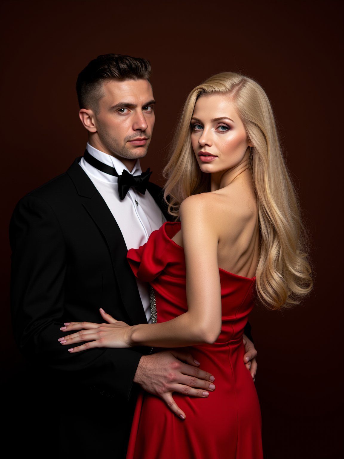 Elegant Duo: A white male model with sharp jawline, short black hair, shaved, no facial hair and brown eyes, dressed in a classic tuxedo, stands next to a graceful and stunning (Ukrainian woman), busty blonde girl with long, flowing blonde hair in an elegant red gown. The soft, romantic lighting enhances their timeless beauty, Nikon D850, film stock photograph, camera f1.6 lens, rich colors, hyper-realistic,  dramatic lighting,ek_real_b00ster