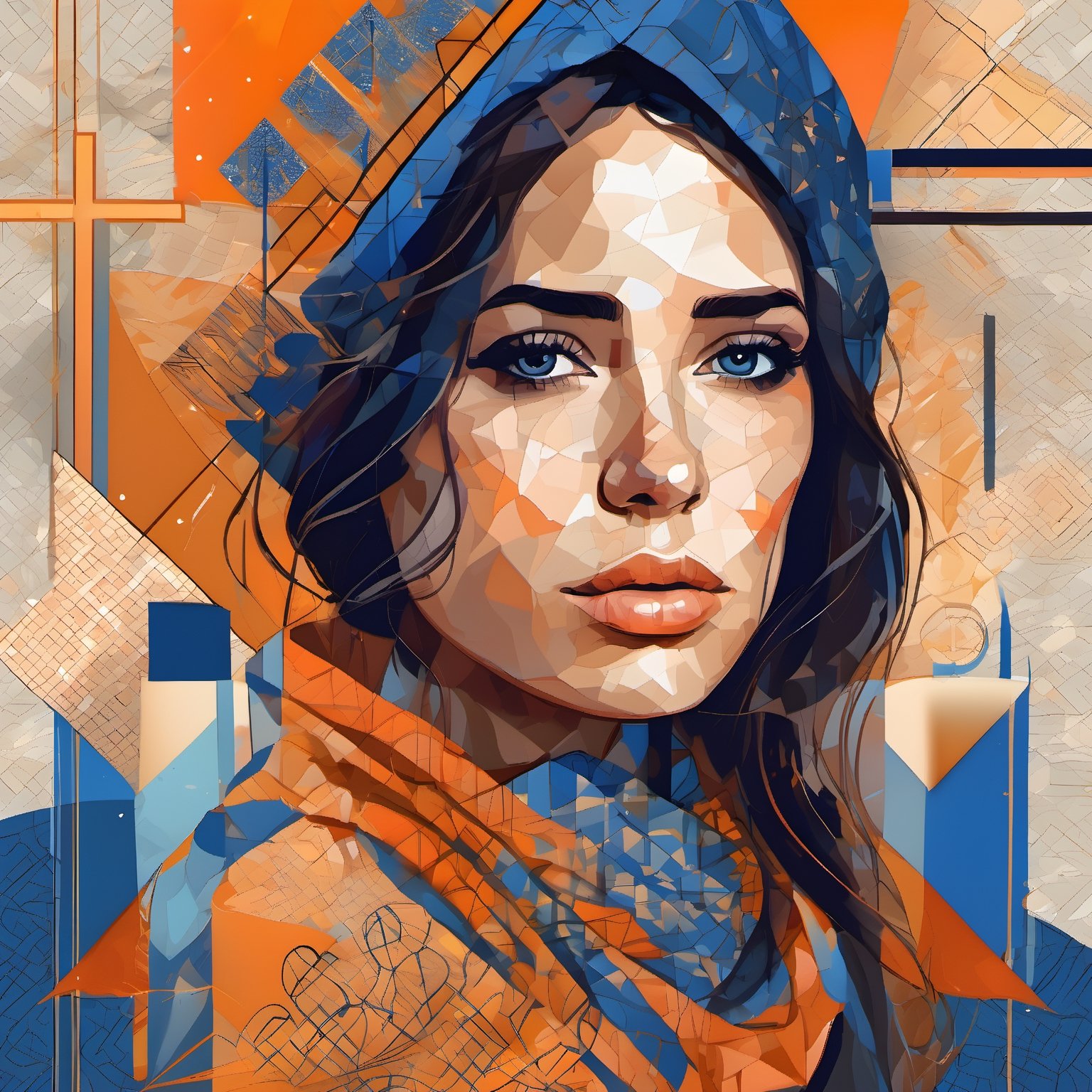 Abstract digital painting of a sad brunette woman, her face is surrounded by diagonal cross hatching patterns of geometric objects, circles, square, and other intricate patterns and lines, blue orange palette