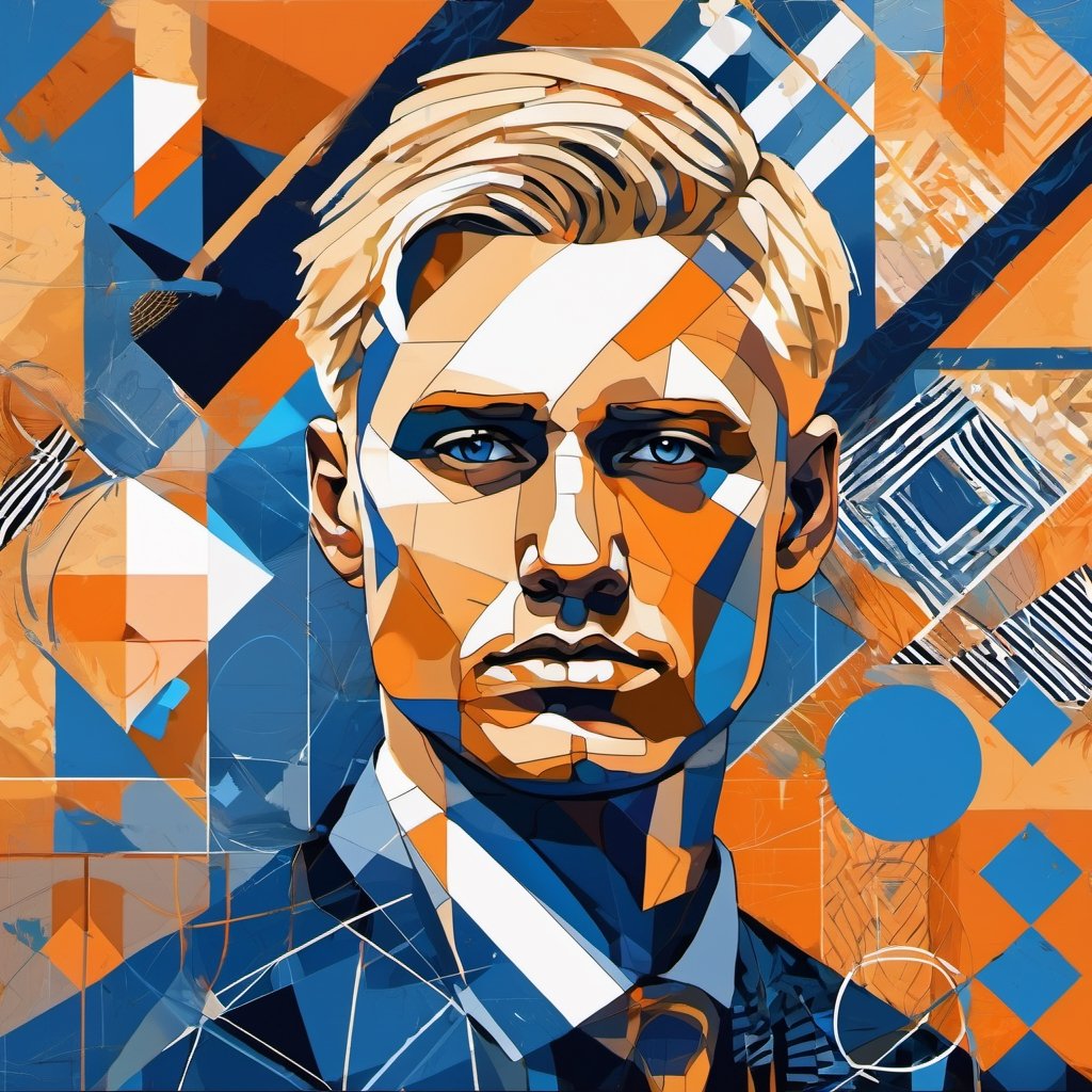 Abstract digital painting of a sad blonde man, no beard, her face is surrounded by diagonal cross hatching patterns of geometric objects, circles, square, and other intricate patterns and lines, blue orange palette