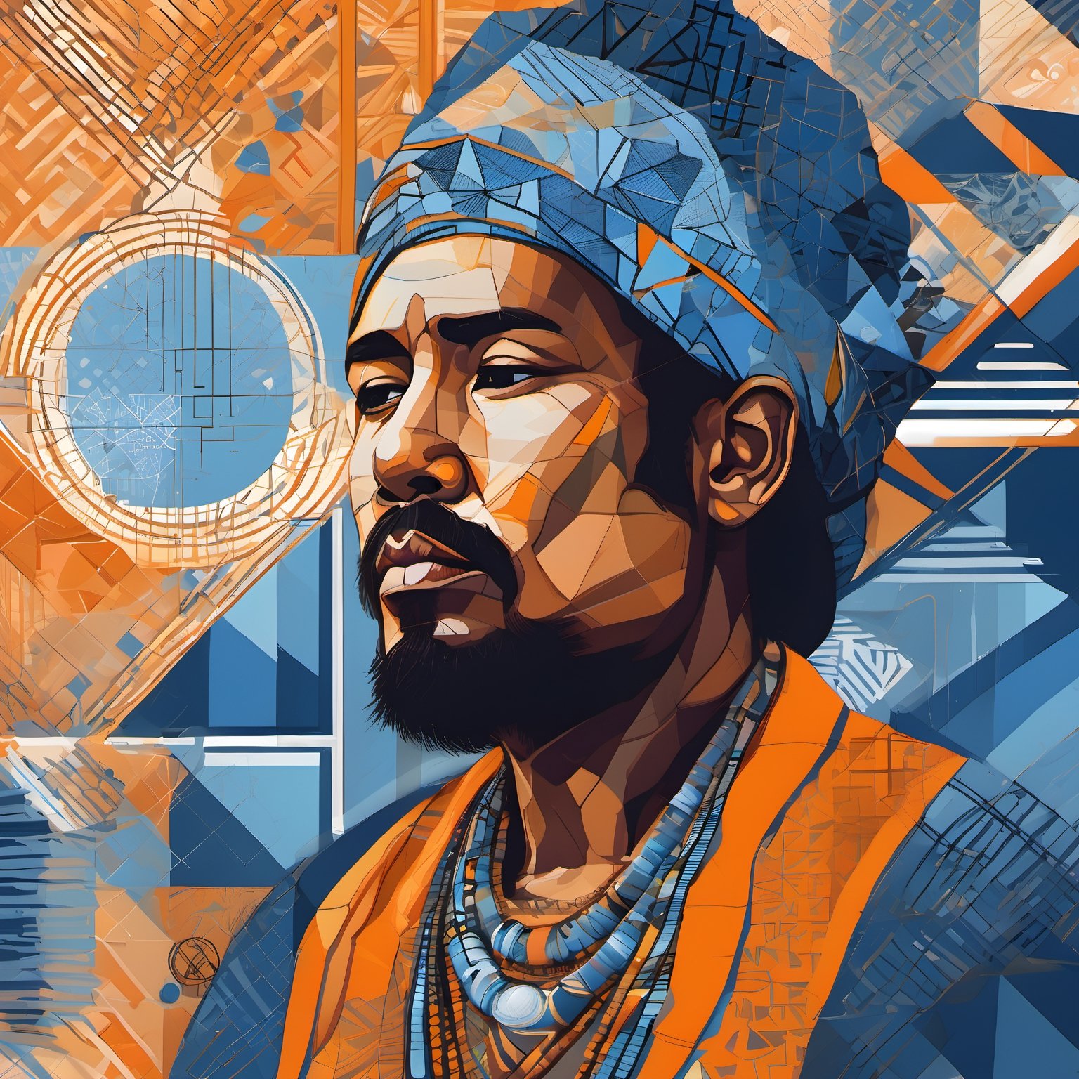 Abstract digital painting of a sad polinesianman, her face is surrounded by diagonal cross hatching patterns of geometric objects, circles, square, and other intricate patterns and lines, blue orange palette