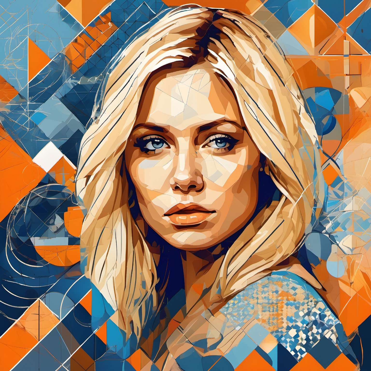 Abstract digital painting of a sad blonde woman, her face is surrounded by diagonal cross hatching patterns of geometric objects, circles, square, and other intricate patterns and lines, blue orange palette