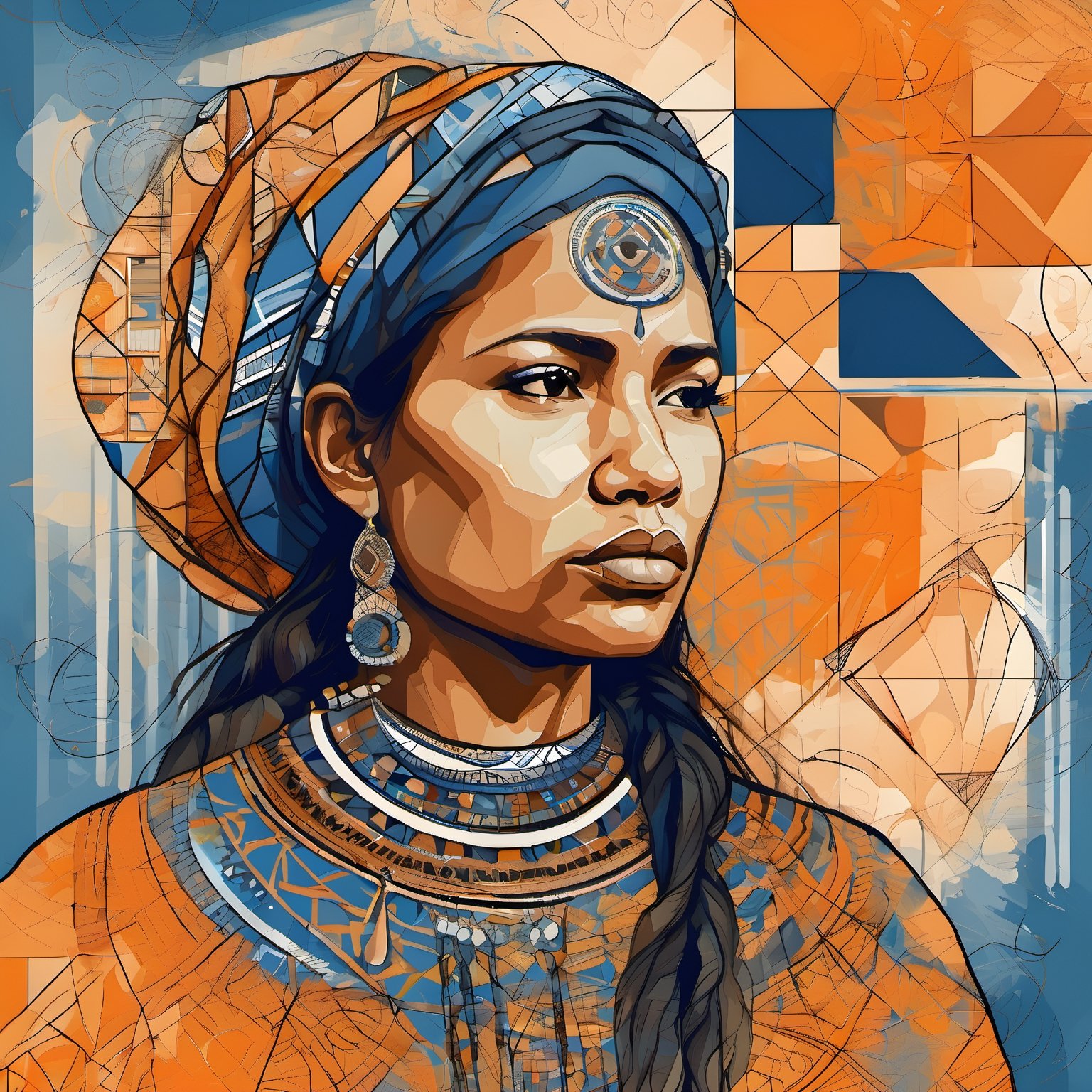 Abstract digital painting of a sad polinesian woman, her face is surrounded by diagonal cross hatching patterns of geometric objects, circles, square, and other intricate patterns and lines, blue orange palette