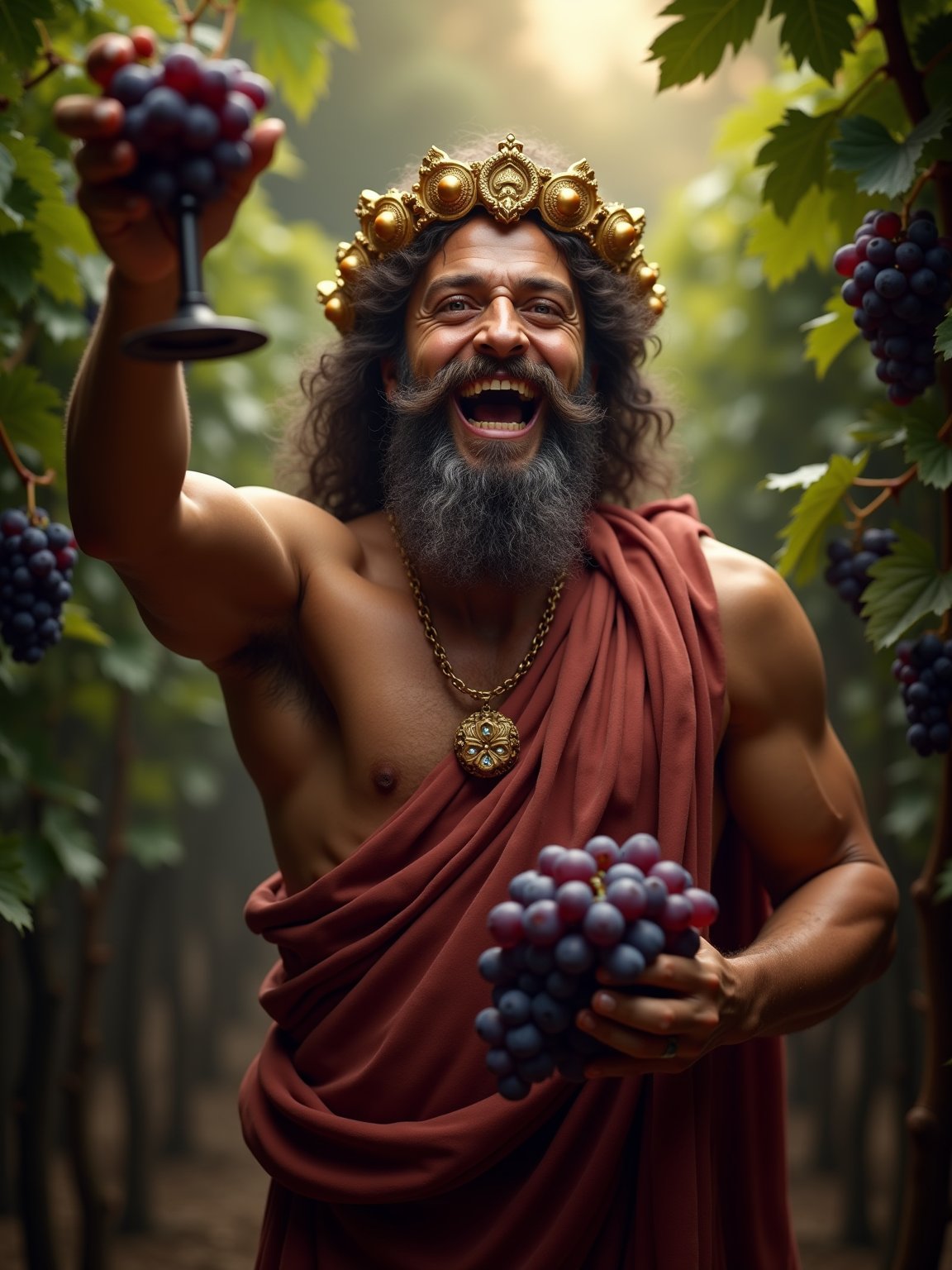 Create a high-quality image, extreme detail, intricate detail, depth of field, ultra definition, extreme realism, real life, realistic image, high-quality lighting, 16k UHD, Dionysus, the god of wine, holding a goblet, surrounded by vines and grapes, with a joyous expression.