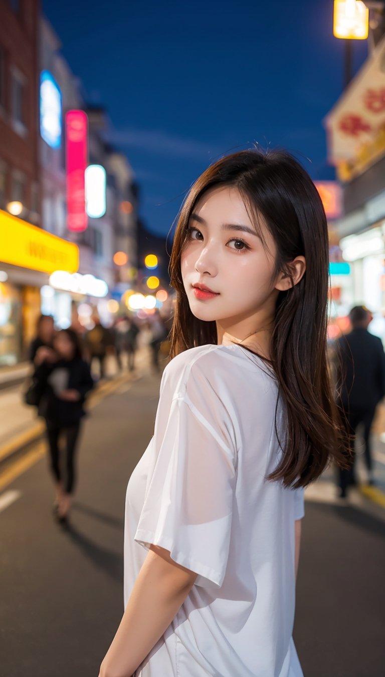 beautiful asian girl in street, professional night photography, depth in field, high quality 