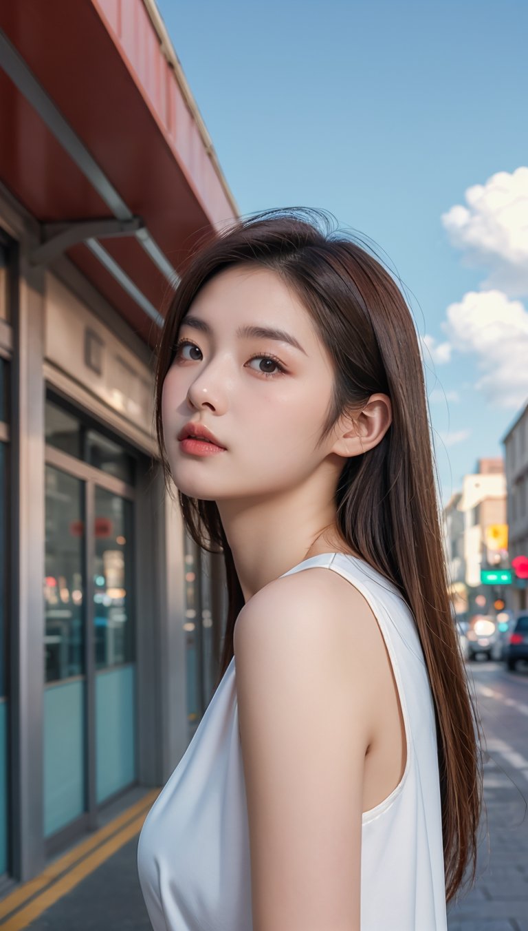 beautiful asian girl in street, professional photography, depth in field, high quality, sky, clouds, low angled