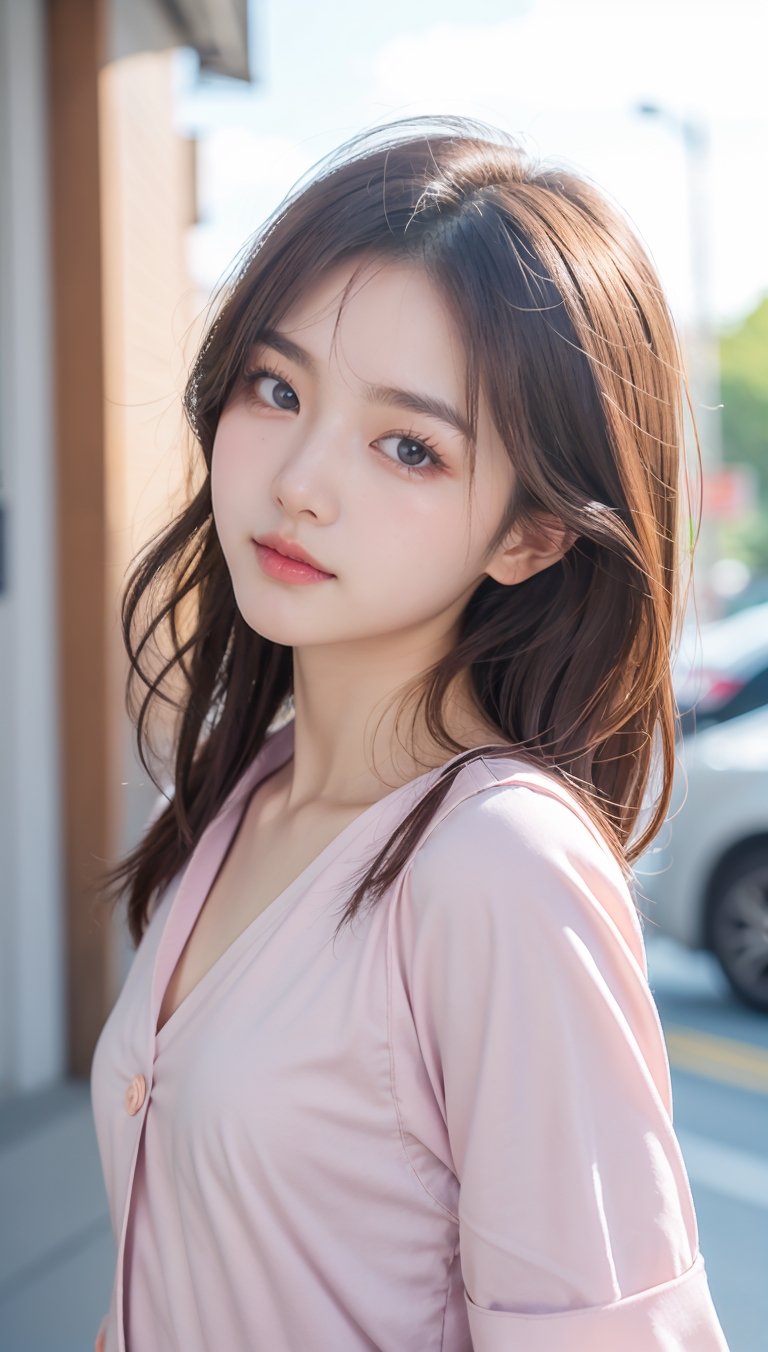 mid body, beautiful south korean school girl in street, professional photography, depth in field, pastel colors, high quality, sky, clouds, background blur