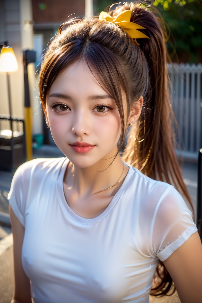 masterpiece, best quality, 1girl, solo,  ponytail, t-shirt, head to waist bodyshot, happy, outdoors, street, lamppost, hair bow, (pretty girl:1.2), realistic, raw photo, low key, illustration, small eyes, (yellow brown hair:1.3),photorealistic, 21 years old female, ,HKFace