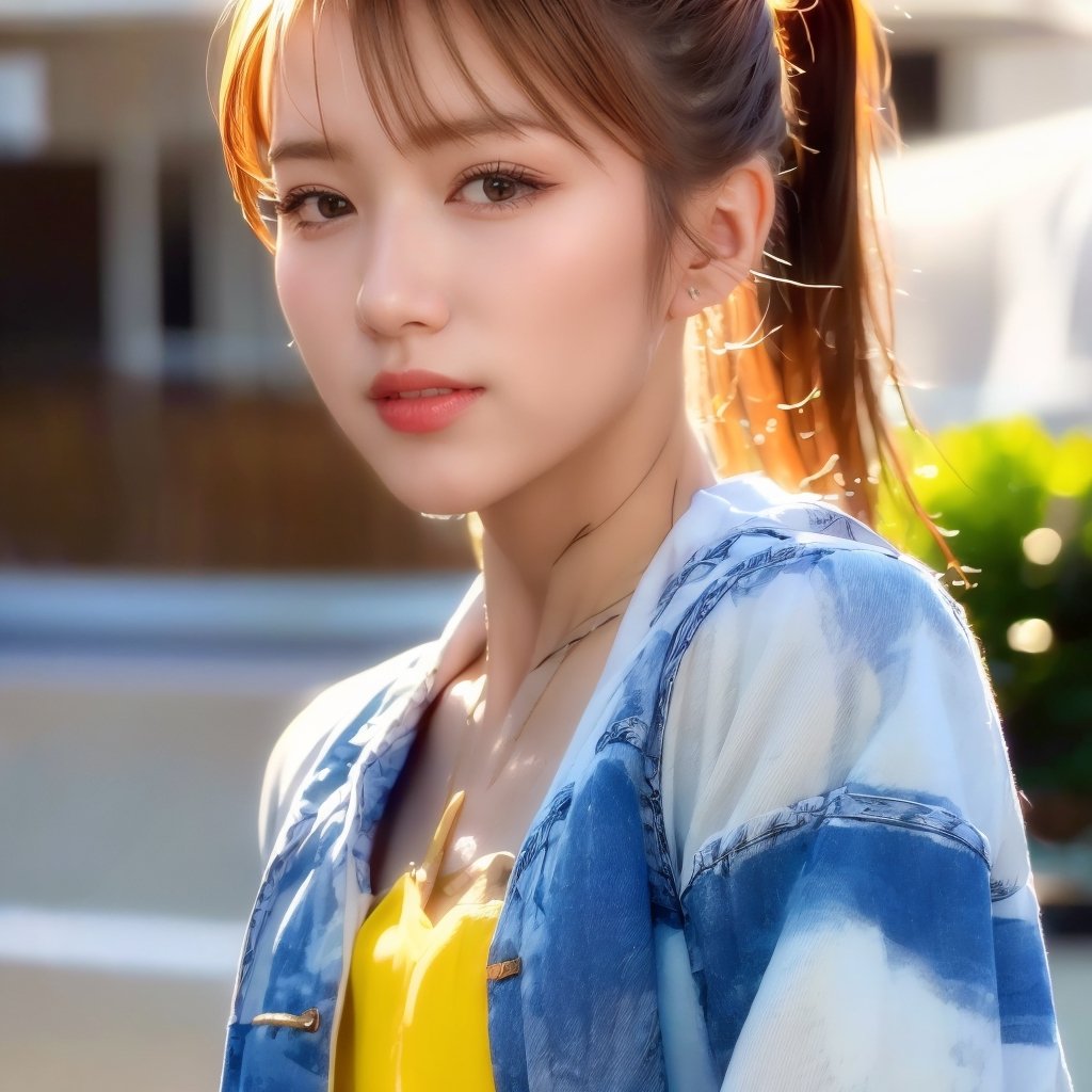 (((masterpiece, best quality:1.3))),((ultra detailed face)), sole_female, solo,  ponytail, t-shirt, head to waist bodyshot, happy, outdoors, street, lamppost, hair bow, (pretty girl:1.2), realistic, raw photo, low key, illustration, small eyes, (yellow brown hair:1.3),photorealistic, 21 years old female, ,HKFace,wonder of beauty