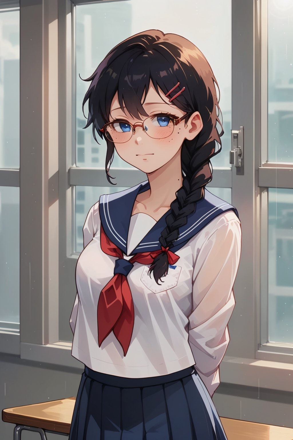 masterpiece, best quality, intricate details, lens flare, (vibrant_color:1.2), 1girl, solo, long hair, blue eyes, black hair, hair ornament, braid, single braid, glasses, one hairclip, locks over her left eye, hair over her left eye, mole, mole under right eye, navy blue skirt, pleated skirt, shy, blush, school uniform, (white serafuku:1.4), white shirt, blue sailor collar, neckerchief, long sleeves, arms and hands behind back, (expressionless:1.3), smile, classroom background, rain behind window, frontal view, from front
