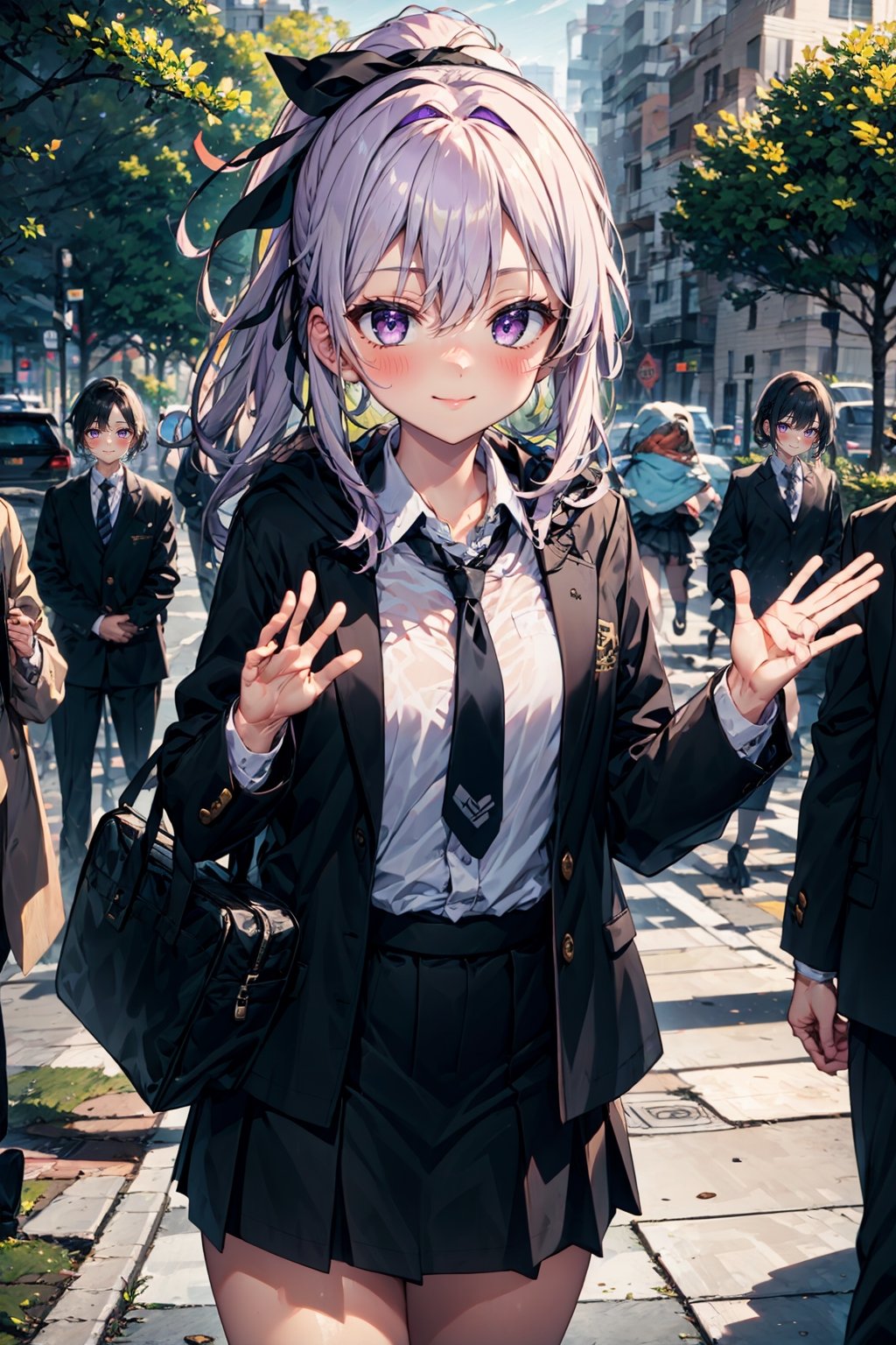 1girl, long hair, breasts, looking at viewer, blush, smile, bangs, skirt, shirt, long sleeves, ribbon, closed mouth, school uniform, standing, purple eyes, jacket, hair ribbon, white shirt, ponytail, white hair, sidelocks, cowboy shot, pleated skirt, hairband, outdoors, open clothes, necktie, solo focus, day, collared shirt, hood, black skirt, bag, open jacket, tree, black jacket, hands up, black ribbon, black hairband, building, black necktie, school bag, stairs, waving