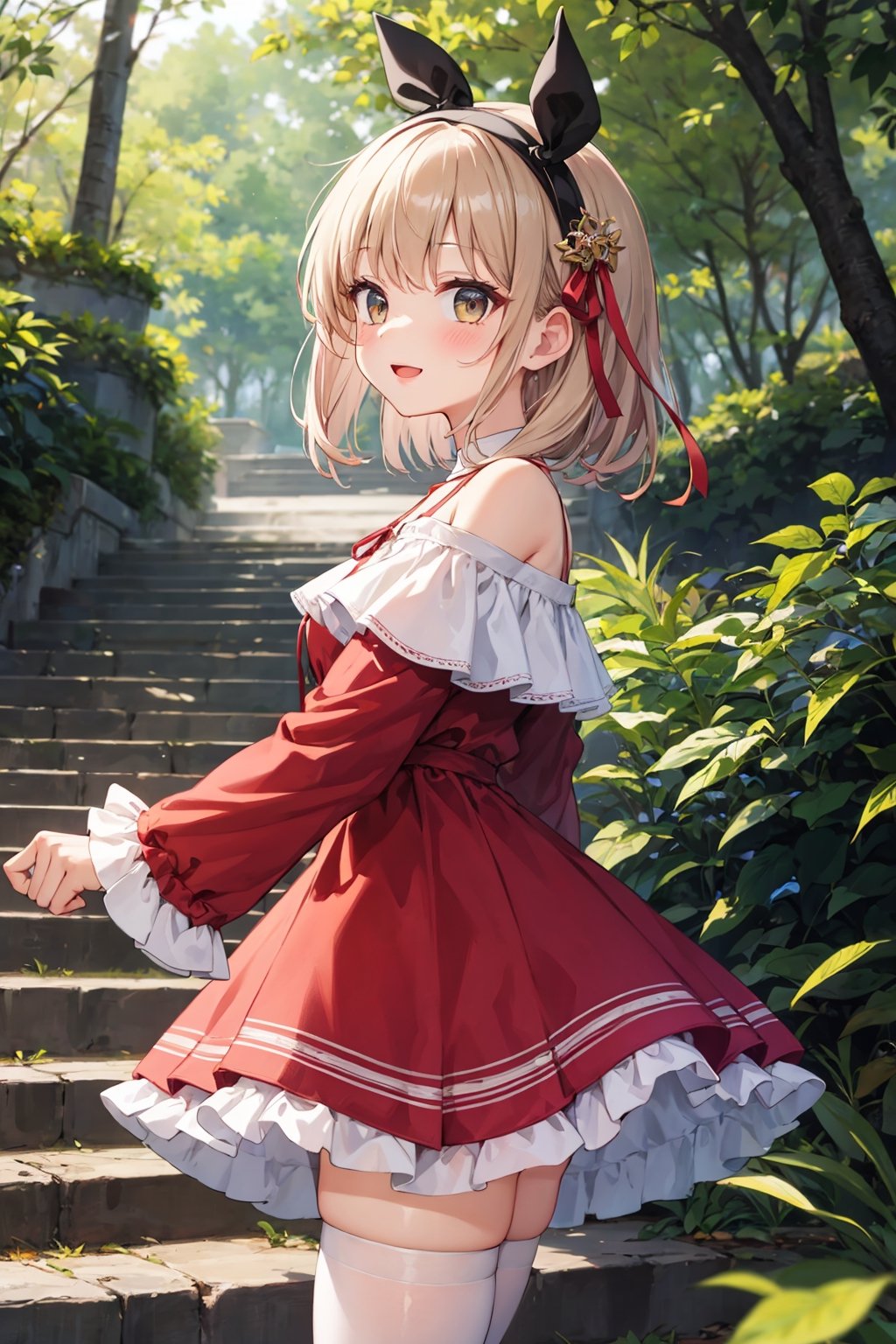 1girl, solo, looking at viewer, smile, open mouth, bangs, hair ornament, thighhighs, long sleeves, dress, ribbon, bare shoulders, standing, hair ribbon, cowboy shot, hairband, outdoors, frills, parted lips, day, off shoulder, from side, white thighhighs, tree, red dress, frilled dress, plant, nature, forest, stairs, off-shoulder dress