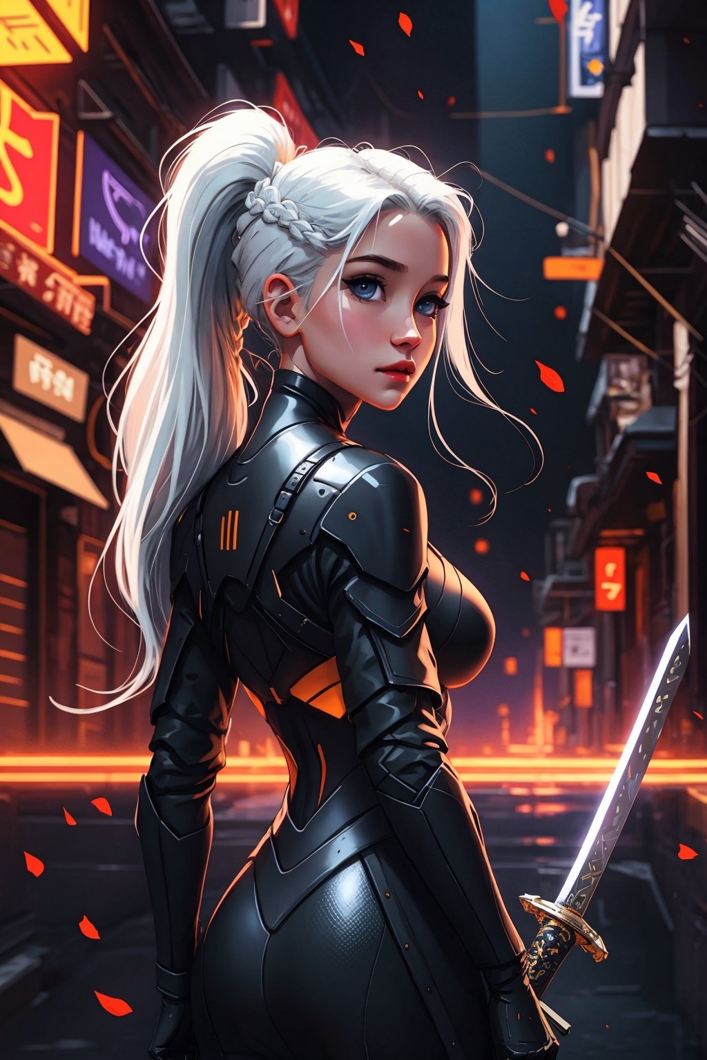 1girl, solo, long hair, breasts, looking at viewer, bangs, blue eyes, holding, medium breasts, ponytail, weapon, braid, white hair, looking back, sword, holding weapon, bodysuit, expressionless, holding sword, android, joints,portrait,illustration,SAM YANG
