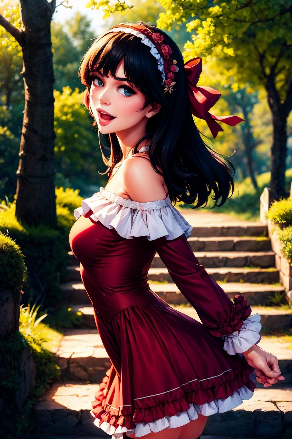 1girl, solo, looking at viewer, smile, open mouth, bangs, hair ornament, thighhighs, long sleeves, dress, ribbon, bare shoulders, standing, hair ribbon, cowboy shot, hairband, outdoors, frills, parted lips, day, off shoulder, from side, white thighhighs, tree, red dress, frilled dress, plant, nature, forest, stairs, off-shoulder dress