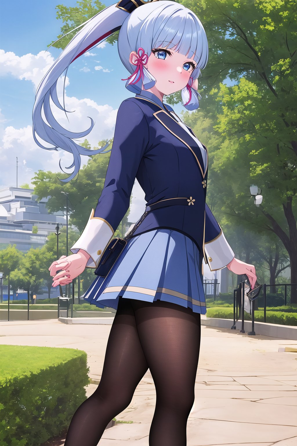 masterpiece, best quality, highres, at a park, shirt, walking, high heels, light blue skirt, small skirt, pantyhose, thick legs, kamisato_ayaka_genshin,bangs, blue_eyes, long_hair, blunt_bangs, ribbon, hair_ribbon, ponytail, blue_hair, blush, white_hair, hair_ornament, 1girl holding 1boy hand, from side, pov hands,holding hands