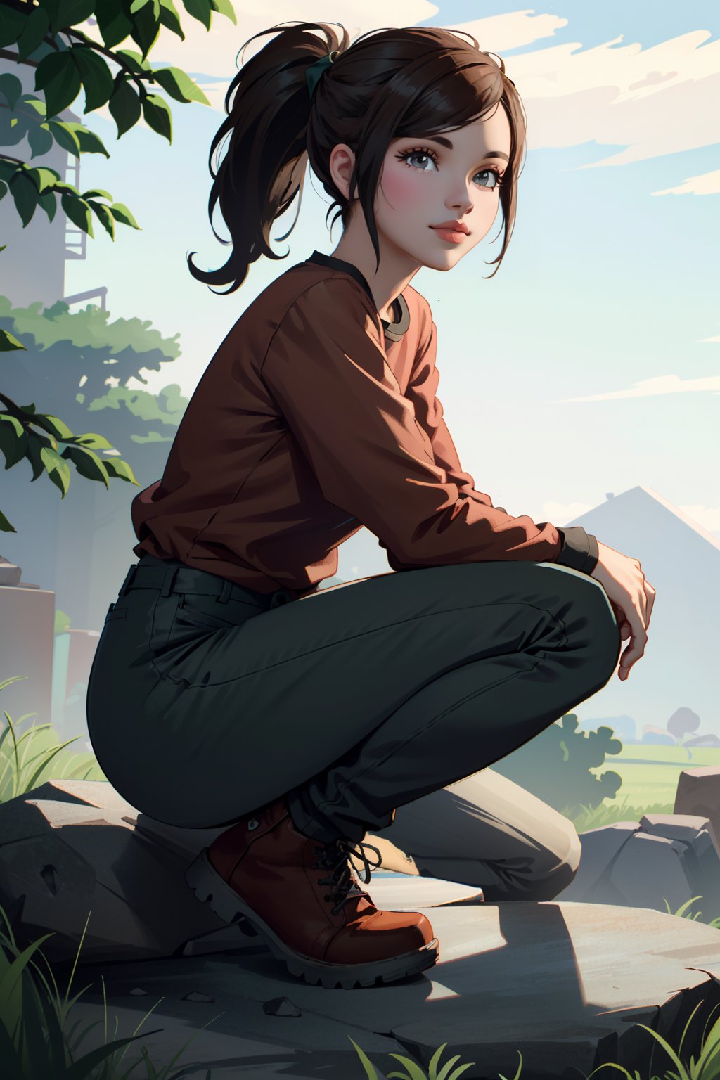 ((ultra detailed, masterpiece, absurdres))
TLOUEllie, 1girl, ponytail, brown hair, green eyes, white graphic tee, leggings, tight pants, ankle boots , in front of a rock concert, legs spread, dress toren, thick thighs, green eyes, red shirt, black long sleeves