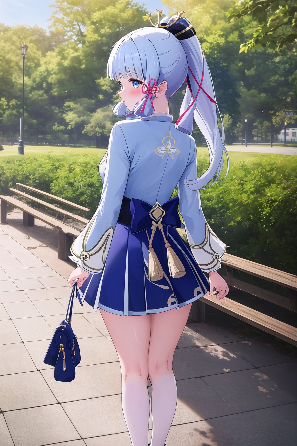 masterpiece, best quality, highres, at a park, blue shirt, walking, high heels, blue skirt, thick legs, kamisato_ayaka_genshin,bangs, blue_eyes, long_hair, blunt_bangs, ribbon, hair_ribbon, ponytail, blue_hair, blush, white_hair, hair_ornament, from back