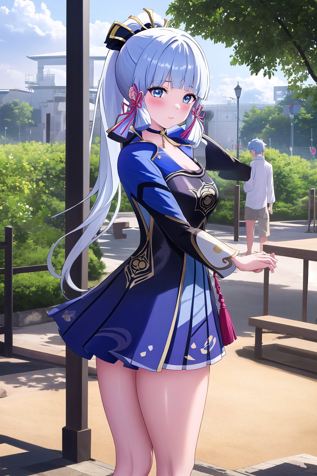 masterpiece, best quality, highres, at a park, shirt, standing, high heels, light blue skirt, thick legs,, side view, choker, kamisato_ayaka_genshin,bangs, blue_eyes, long_hair, blunt_bangs, ribbon, hair_ribbon, ponytail, blue_hair, blush, white_hair, hair_ornament, boy pov, 1girl hand holding 1boy, 