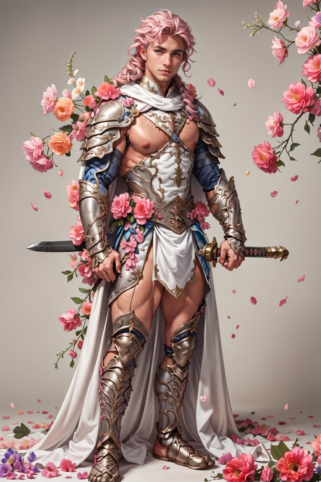 wearing armor, armor, 1man, pink bedroom background, wearing mini white skirt, slender boy , shy face  , pink braid hair , cute face , blue eyes, man body, sweaty body , sexy face, pink florest backwards , naked , full male body, male  ,flower4rmor, ,battoujutsu , king's white cape 