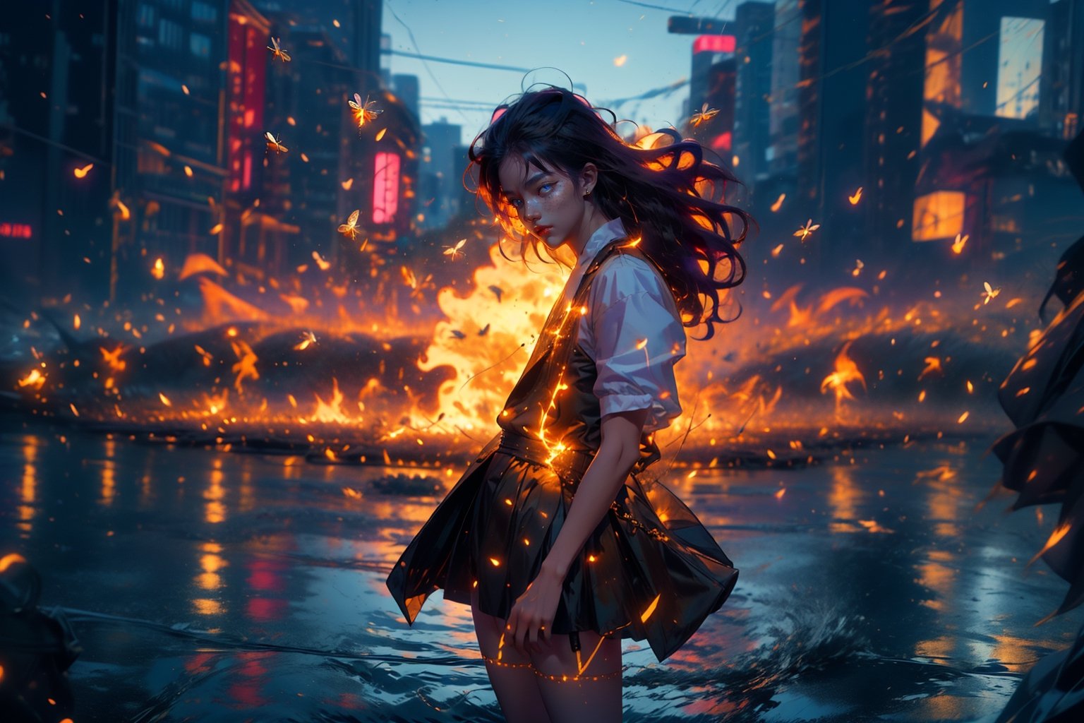  1 man, male face ,  freckles ,at night in the city  ,blue eyes , purple long hair , kawaii , wearing mini white skirt, harness, side brown bag, stockings BREAK,firefliesfireflies,r1ge