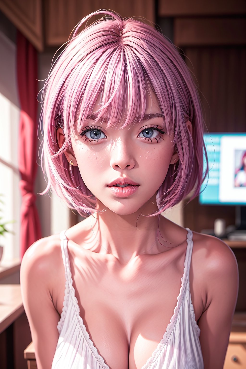 1woman, full perfect girl body, looking at viewer, bangs, blue eyes, hair between eyes, jewelry, closed mouth, upper body, pink hair, indoors, mole,  blurry, lips, blurry background, 