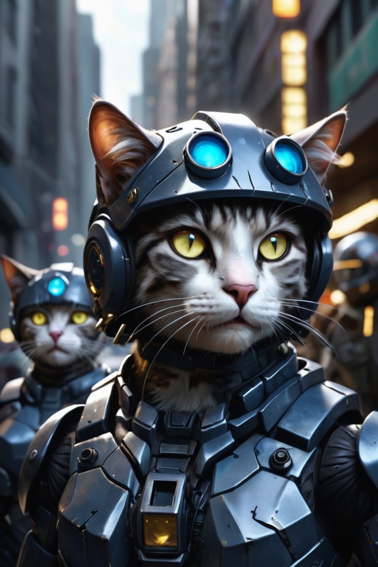 a group of cats soldier wearing army helmet in the city, robotic parts, detailed robotic led light eyes, masterpiece, best quality, photorealistic, High detail RAW color photo professional, 
natural daylight, ray tracing, Subsurface scattering, lens flare,  backlighting,
high-resolution, realistic style, moody, 
detailed background/shallow depth of field,  
The atmosphere is captured in high grain, reminiscent of ISO 800 film with wide angle.