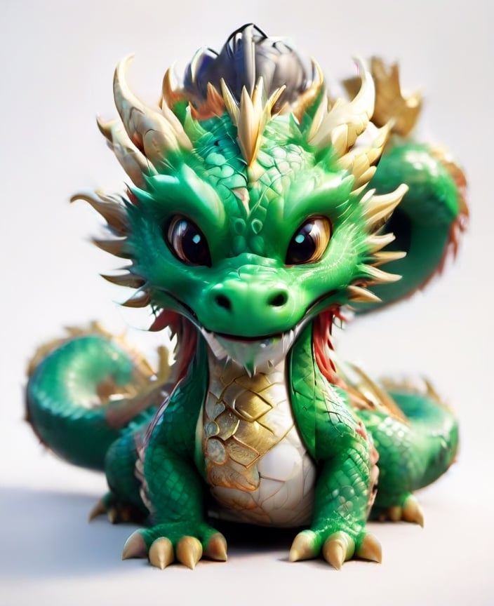 (best quality:1.3), Amazing, beautiful detailed eyes,green color, sharp focus, highly detailed, rich colors, vibrant colors,Chibi green Chinese dragon with golden horns, Chinese dragon head, 
Red and gold cheongsam vest, black eyes ,tatoo_style,illustration,graphite_art,((looking into camera)),((white_background)),simple_background,chinese dragon,flat_vector_art,DonM3l3m3nt4lXL