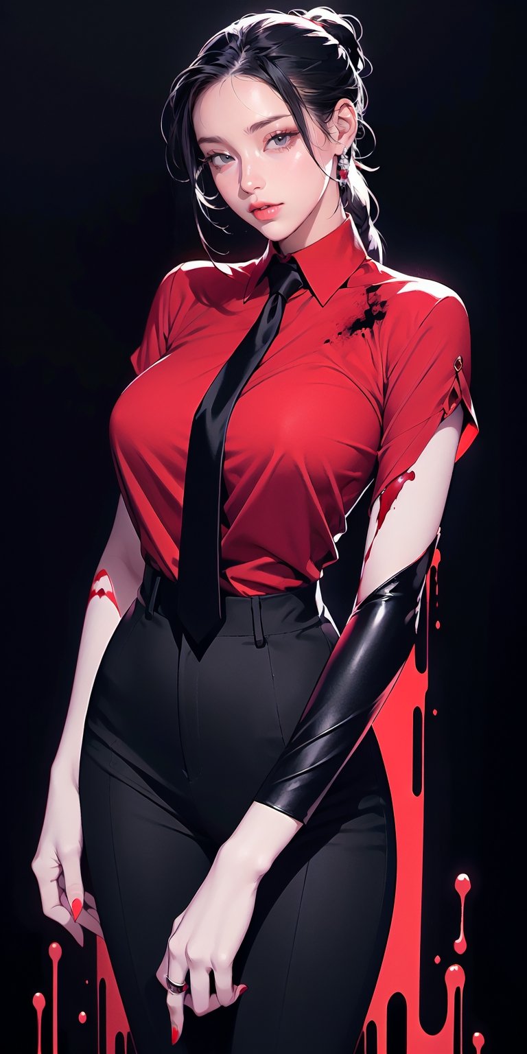 braided ponytail, girl figure,big breasts,ringed eyes, black hair, ybalck eyes, collared shirt, black necktie, black pants, black coat, cowboy shot, facing viewer, hands behind back, dark background, (blood on shirt),blood, light smile, glowing eyes,  wide eyes, darkness, red dress,risring a  arm