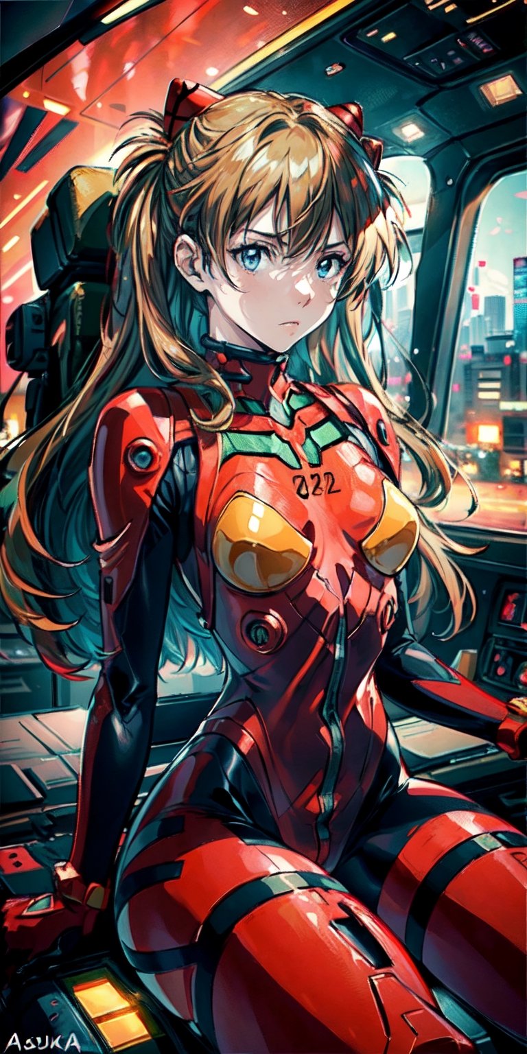 souryuuasukalangley, Determined expression and signature anime costume, Asuka Langley seated, piloting Unit-02 while holding 2 levers, with flashing tech screens displaying battle data, High-tech cockpit interior with holographic monitors and flashing lights highlighting tension, Sci-fi atmosphere with biomechanical elements fused with advanced technology, Realistic style with precise details and a futuristic color palette that highlights the essence of the anime, High resolution with sharp textures, bright reflections on Asuka's suit and meticulous details in the cockpit, Direct lighting that highlights Asuka's contours, with dynamic shadows that emphasize the action, Medium shot focused on Asuka, the screens and the reflection of her determination in the cockpit glass.
