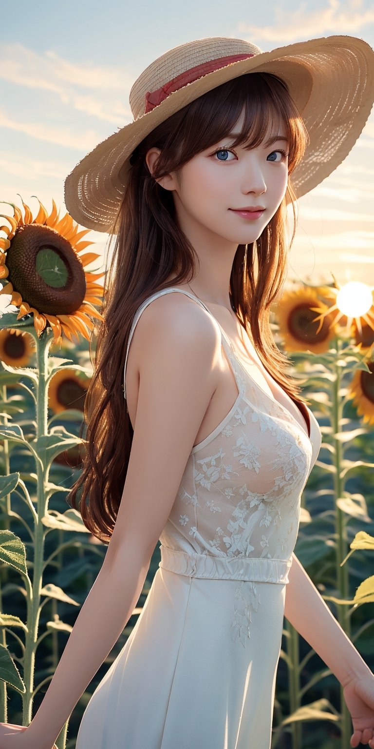 Masterpiece, highest quality, 1 girl, solo, 18 years old, beautiful korean girl, {beautiful and delicate eyes}, long hair, brown hair, flat bangs, big breasts, calm expression, natural soft light, delicate facial features , seductive human face, smiling eyes, open lips, looking at the viewer, normal body structure, correct proportions, perfect hands, (wearing a white dress and a sun hat:1.3), sexy model pose, seductive body shape, sweaty skin, film grain, cleavage exposed, real, (basking in the sunset in the grassy thicket:1.3),souryuuasukalangley,yellow dress, sundress,long hair,bangs, blue eyes, brown hair,((holding sunflowers))