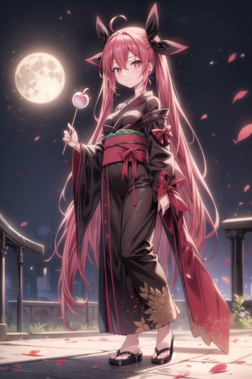 very detailed,masterpiece,best quality,1girl,kotori,red eyes,alone,standing,full body,front view,red hair,long hair,bangs,hair between the eyes,kimono,one hand in front holding a caramel apple on a stick,looking at the viewer,smiling,small breasts,defined body,full body looking at the viewer,in tokyo,night,glowing moon


