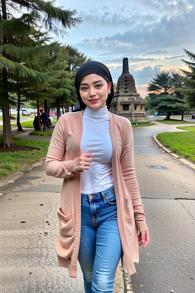 High quality, A super realistic girl in a (dark brown hijab and white long sleeve cardigan, turtle neck tshirt, and jeans), medium_breast, make her beautiful, beautiful black hair, cute smile, walking in the middle of a park, borobudur temple background, make the park realistic and cozy with cute decoration and some realistic plant, dynamic pose. 