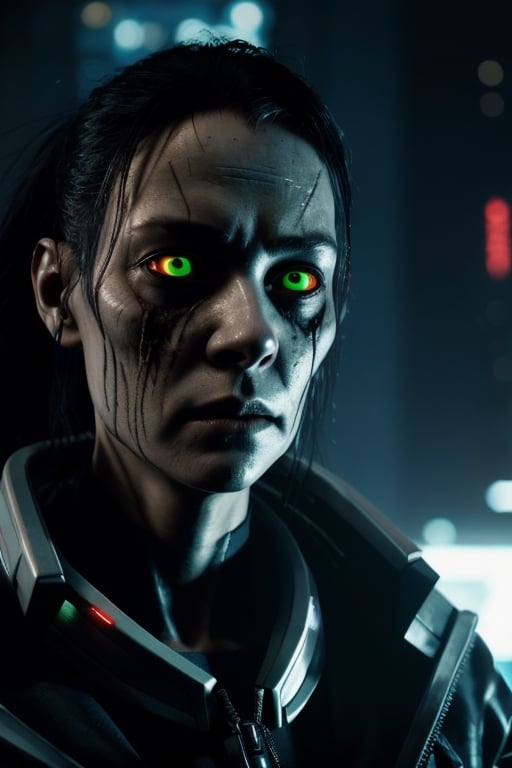 woman, cyberpunk face, alien eyes, futuristic, cyberpunk, extremely detailed texture, ultra-realistic, cinematic lighting, photorealistic, cinematographic, atmosphere of suspicion, terror scene, ultra realistic, extremely detailed